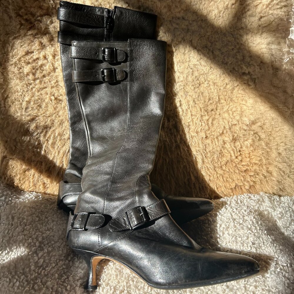 MANOLO BLAHNIK TALL LEATHER BOOTS MOTO STRAPS BLACK 38